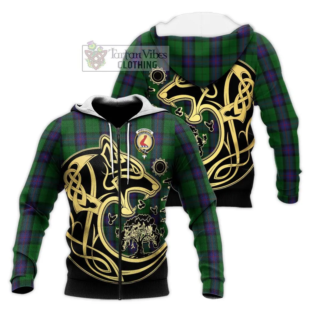 Armstrong Tartan Knitted Hoodie with Family Crest Celtic Wolf Style