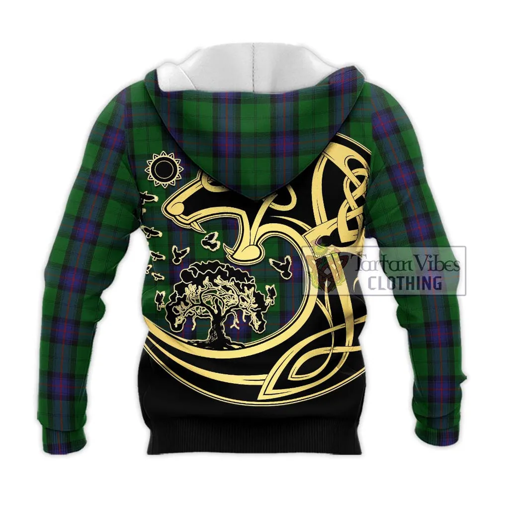 Armstrong Tartan Knitted Hoodie with Family Crest Celtic Wolf Style