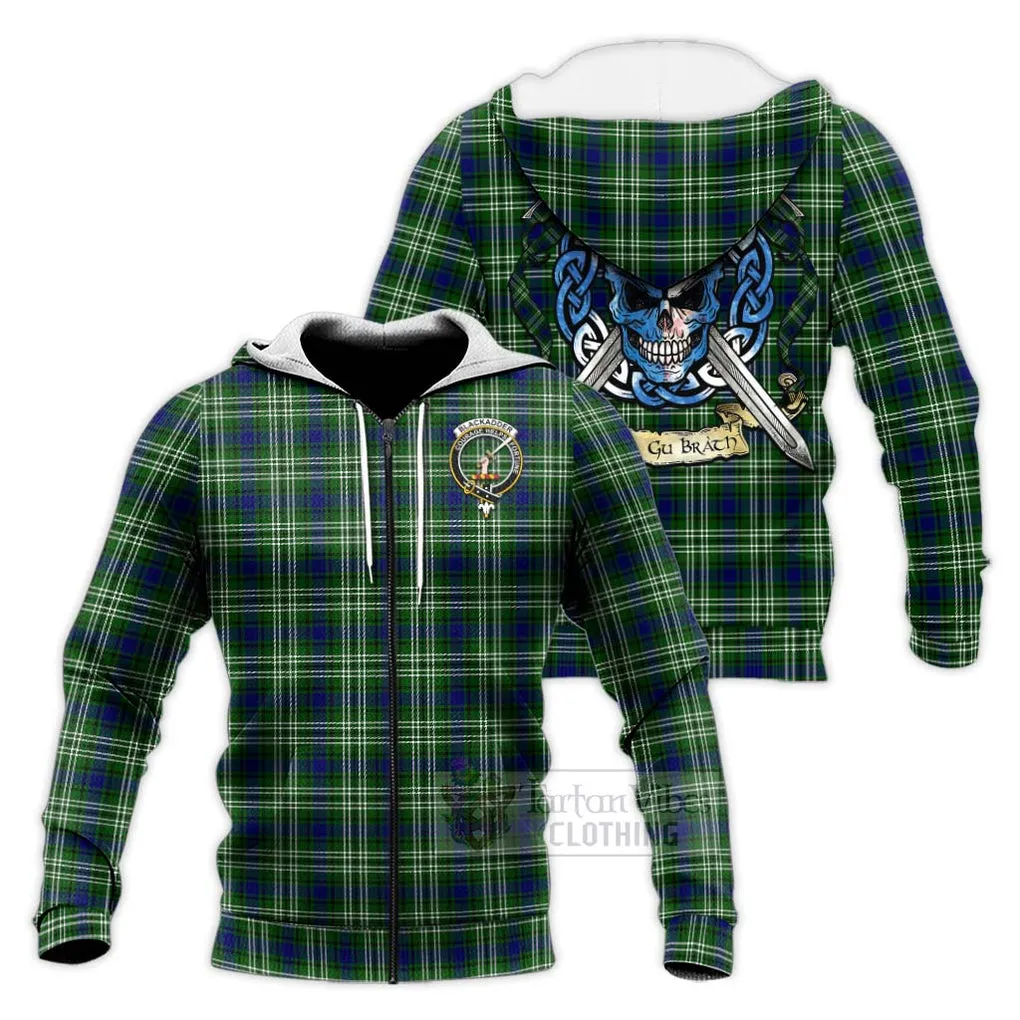 Blackadder Tartan Knitted Hoodie with Family Crest Celtic Skull Style