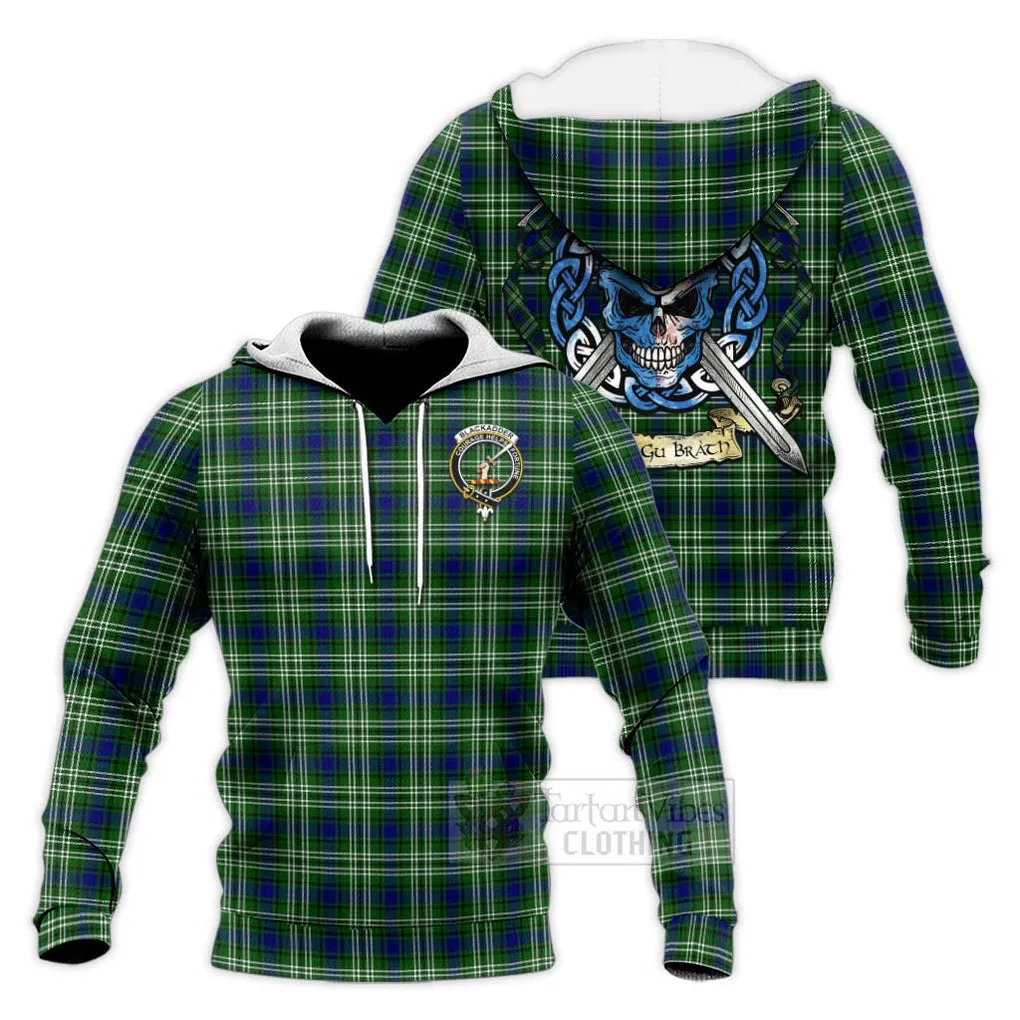 Blackadder Tartan Knitted Hoodie with Family Crest Celtic Skull Style