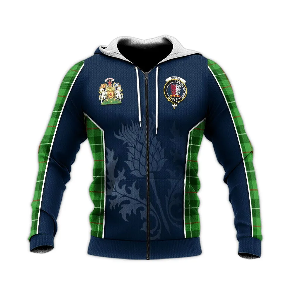 Boyle Tartan Knitted Hoodie with Family Crest and Scottish Thistle Vibes Sport Style