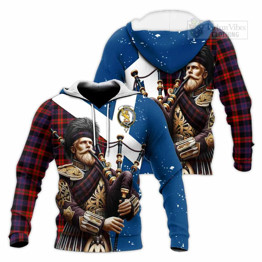 Brown (Broun) Tartan Knitted Hoodie with Family Crest Scottish Bagpiper Vibes