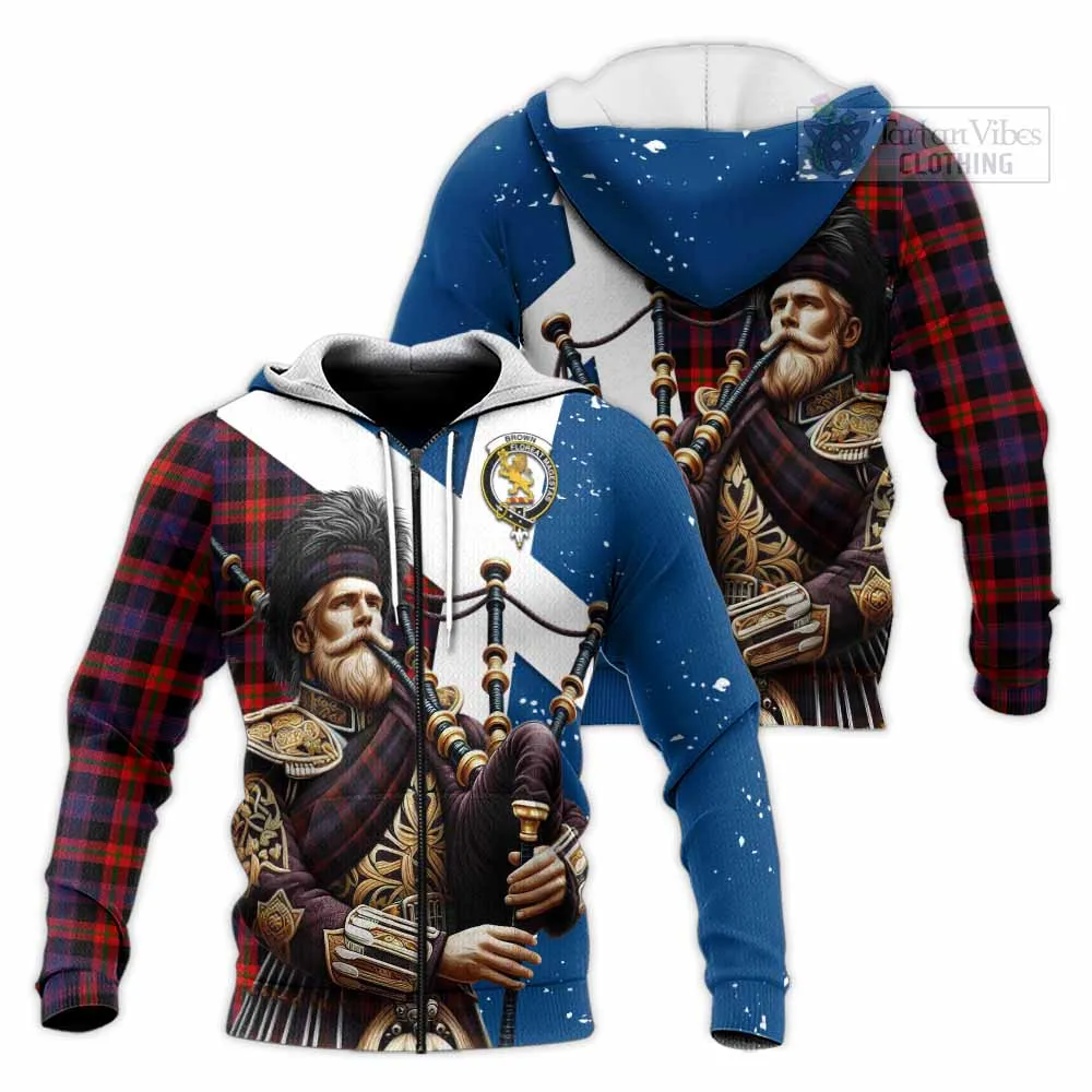 Brown (Broun) Tartan Knitted Hoodie with Family Crest Scottish Bagpiper Vibes