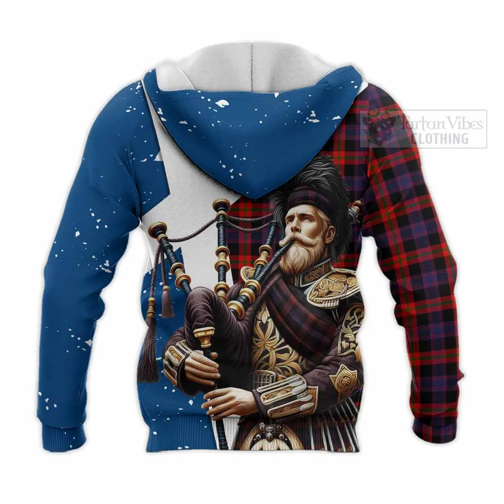 Brown (Broun) Tartan Knitted Hoodie with Family Crest Scottish Bagpiper Vibes