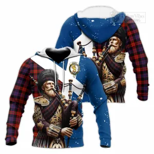 Brown (Broun) Tartan Knitted Hoodie with Family Crest Scottish Bagpiper Vibes