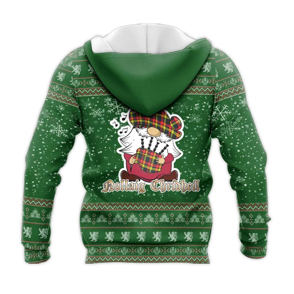 Buchanan Modern Clan Christmas Knitted Hoodie with Funny Gnome Playing Bagpipes