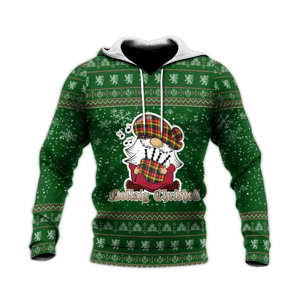 Buchanan Modern Clan Christmas Knitted Hoodie with Funny Gnome Playing Bagpipes