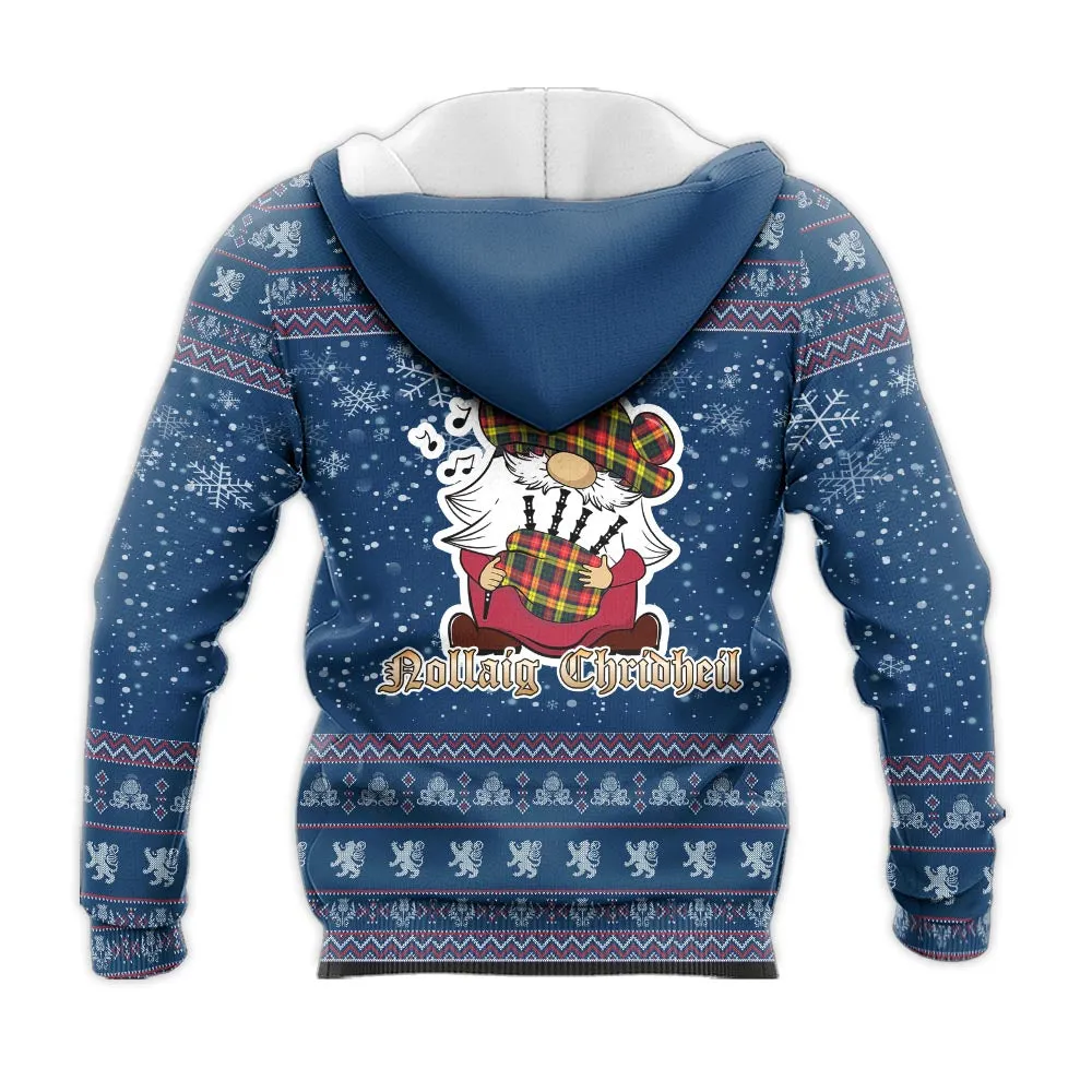 Buchanan Modern Clan Christmas Knitted Hoodie with Funny Gnome Playing Bagpipes
