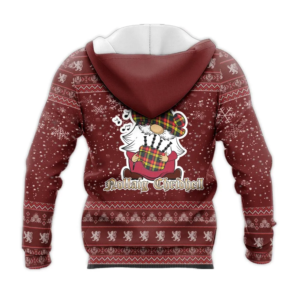 Buchanan Modern Clan Christmas Knitted Hoodie with Funny Gnome Playing Bagpipes
