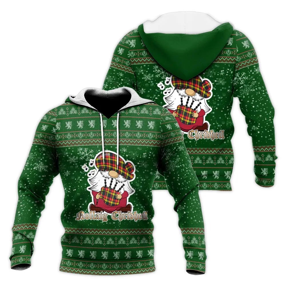 Buchanan Modern Clan Christmas Knitted Hoodie with Funny Gnome Playing Bagpipes