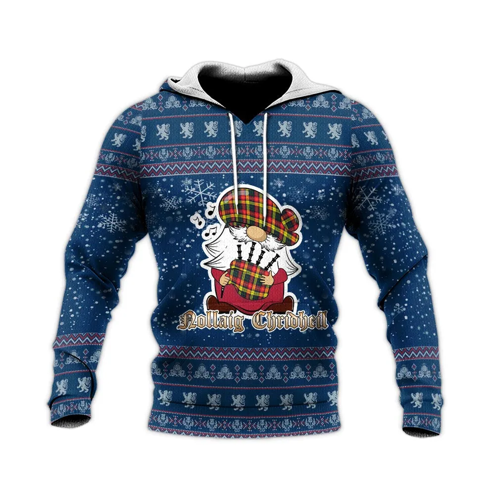 Buchanan Modern Clan Christmas Knitted Hoodie with Funny Gnome Playing Bagpipes