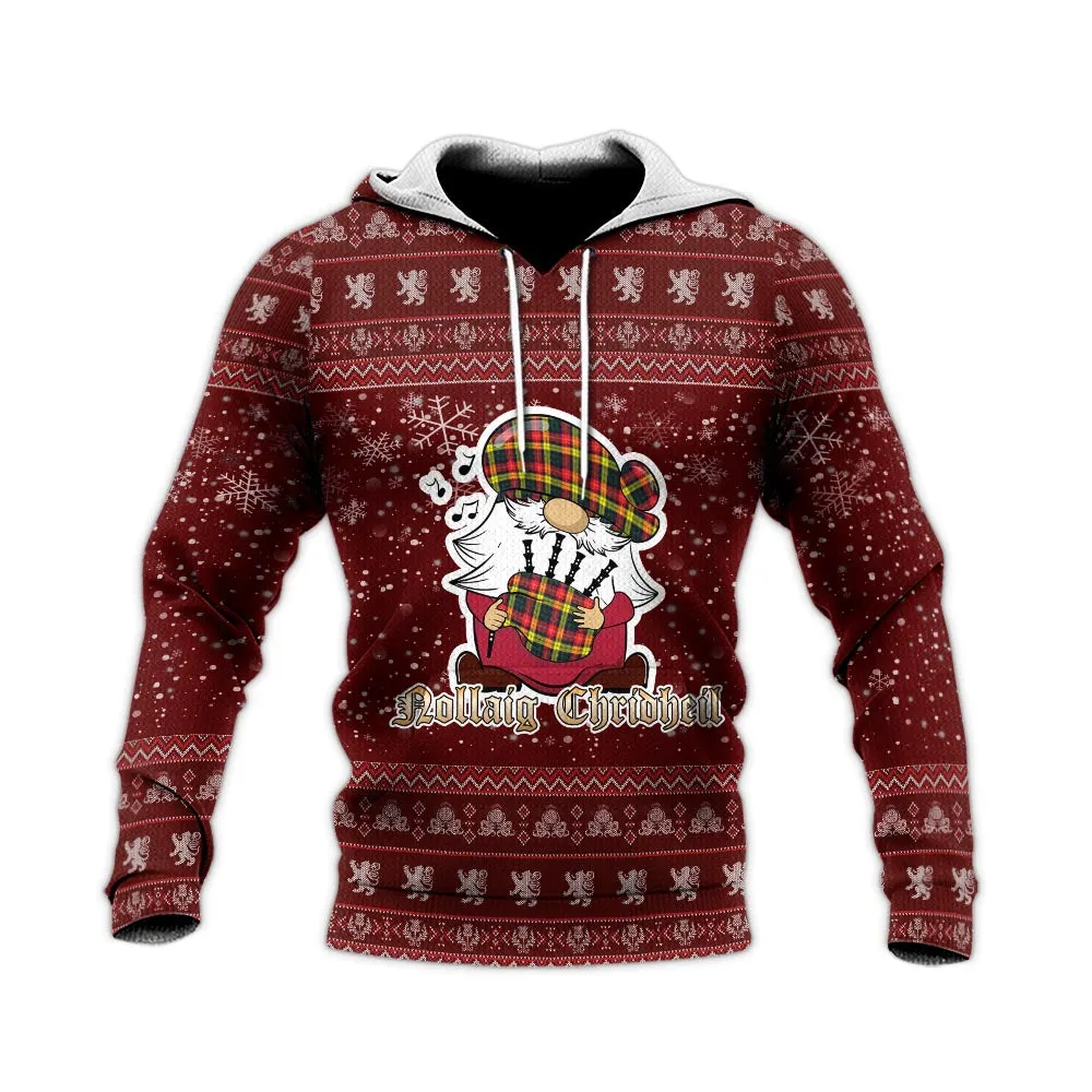 Buchanan Modern Clan Christmas Knitted Hoodie with Funny Gnome Playing Bagpipes