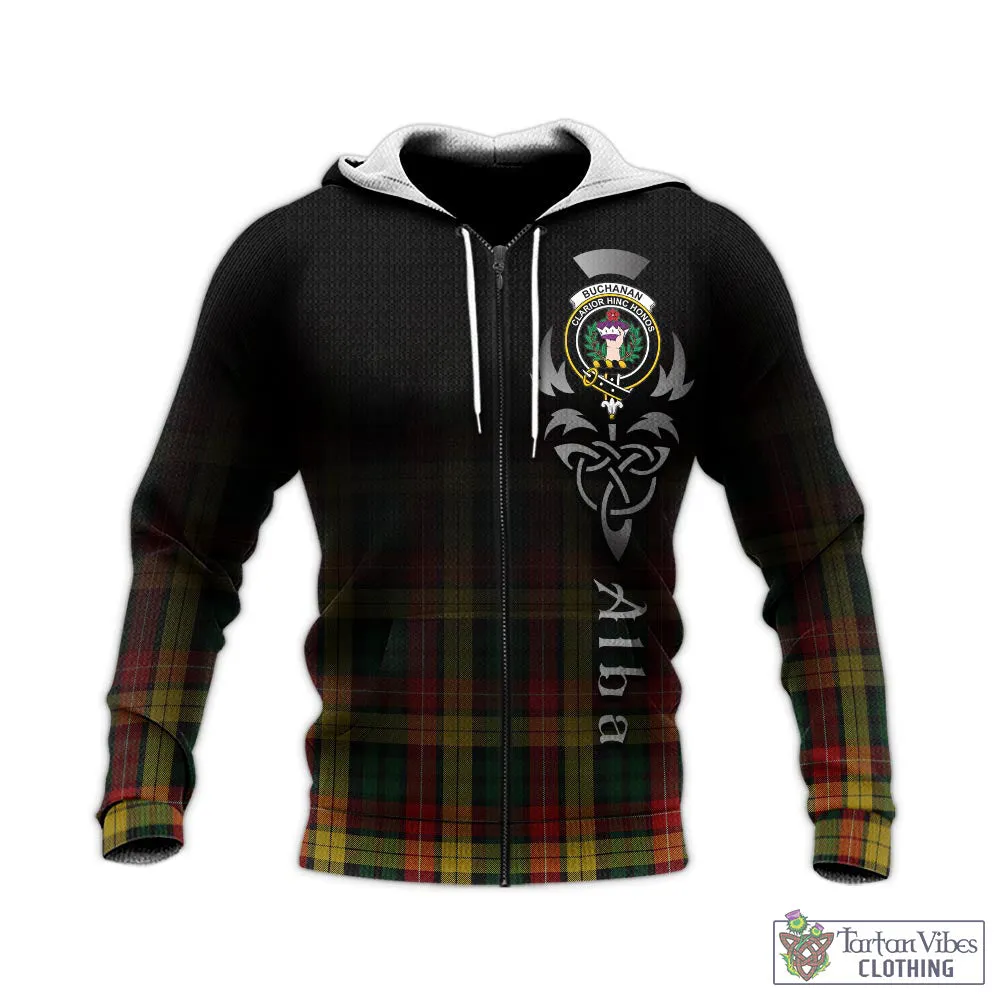 Buchanan Tartan Knitted Hoodie Featuring Alba Gu Brath Family Crest Celtic Inspired
