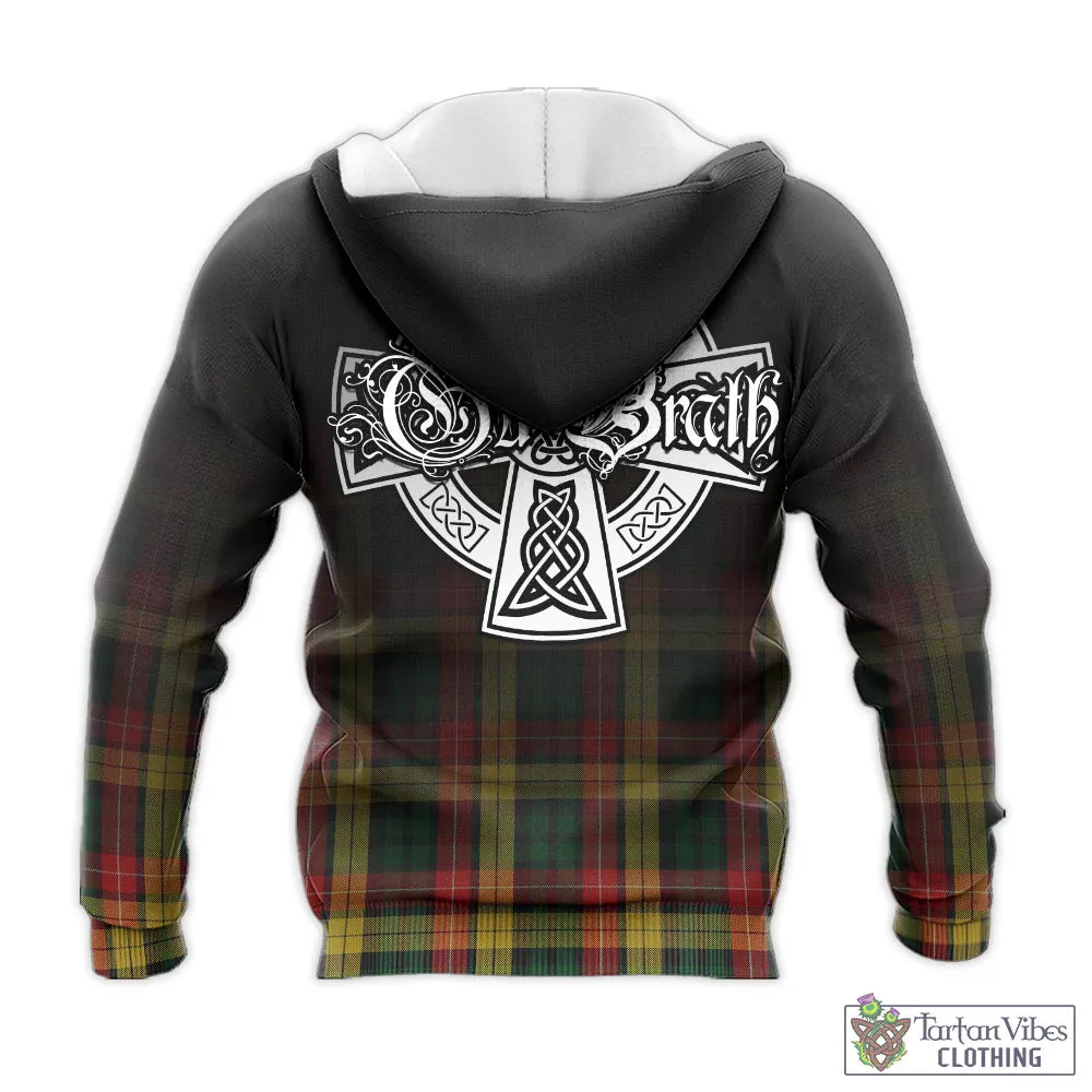Buchanan Tartan Knitted Hoodie Featuring Alba Gu Brath Family Crest Celtic Inspired