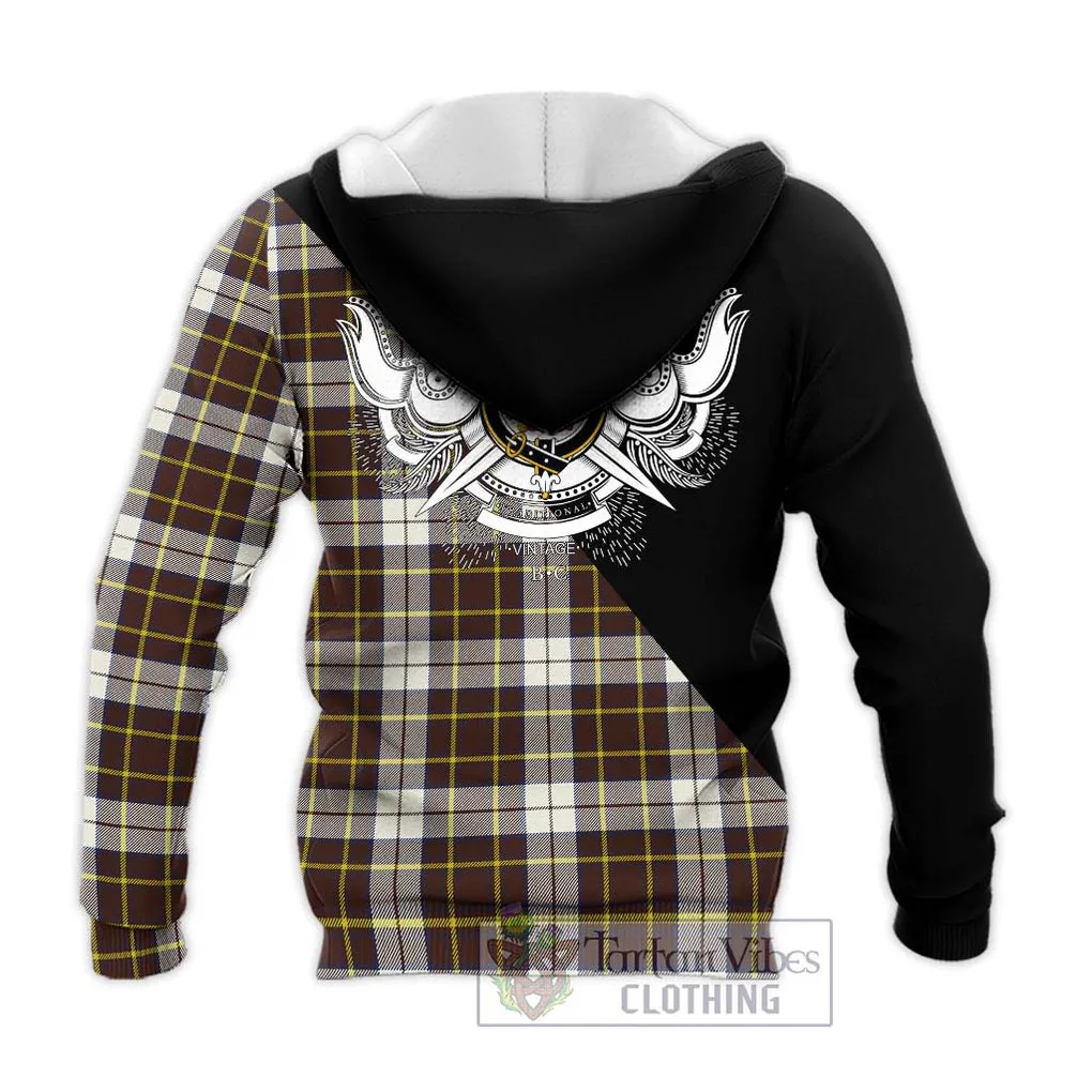 Burns Battalion Weathered Tartan Knitted Hoodie with Family Crest and Military Logo Style