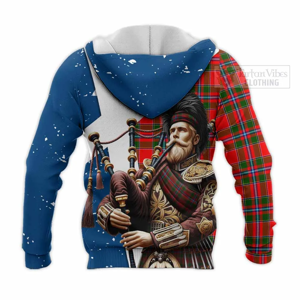Butter Tartan Knitted Hoodie with Family Crest Scottish Bagpiper Vibes